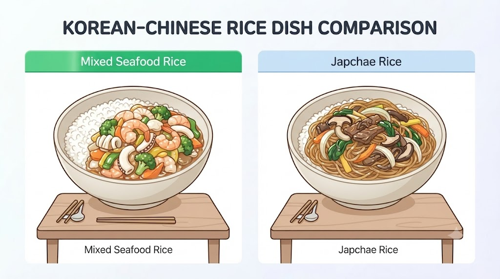 Japtangbap name meaning comparison infographic showing japtangbap and japchaebap ingredients