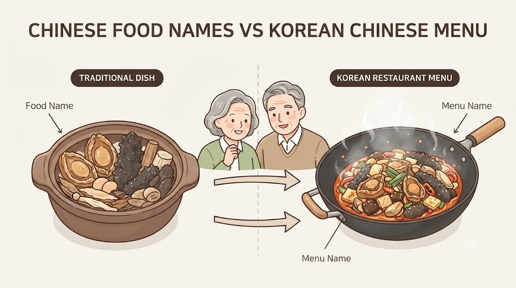 Japtangbap name meaning illustration explaining differences between Chinese food names and Korean Chinese menu names