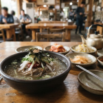 Bongpyeong buckwheat noodles meaning, buckwheat noodles and side dishes served at a travel destination restaurant