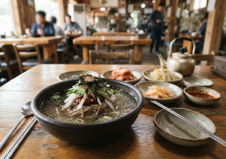 Bongpyeong buckwheat noodles meaning, buckwheat noodles and side dishes served at a travel destination restaurant