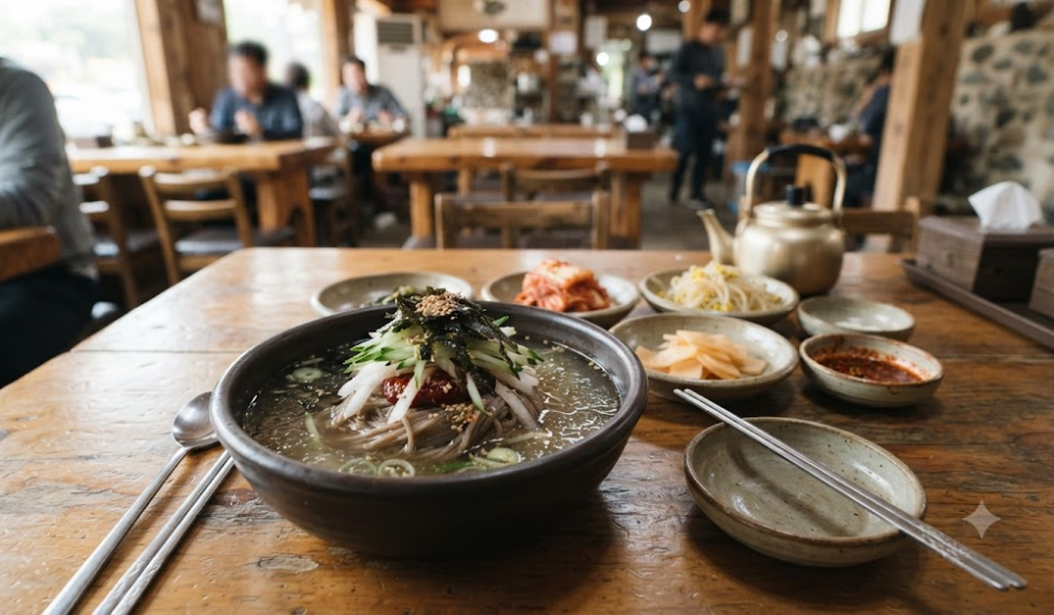 Bongpyeong buckwheat noodles meaning, buckwheat noodles and side dishes served at a travel destination restaurant
