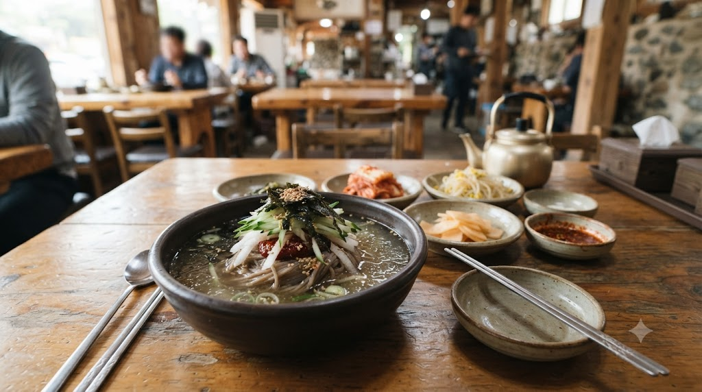 Bongpyeong buckwheat noodles meaning, buckwheat noodles and side dishes served at a travel destination restaurant