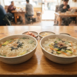 Kalguksu and sujebi served in similar broths, one with long noodles and the other with flat pieces of dough