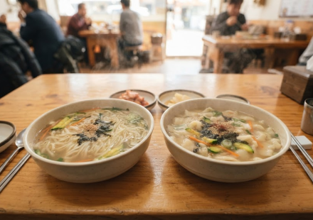 Kalguksu and sujebi served in similar broths, one with long noodles and the other with flat pieces of dough