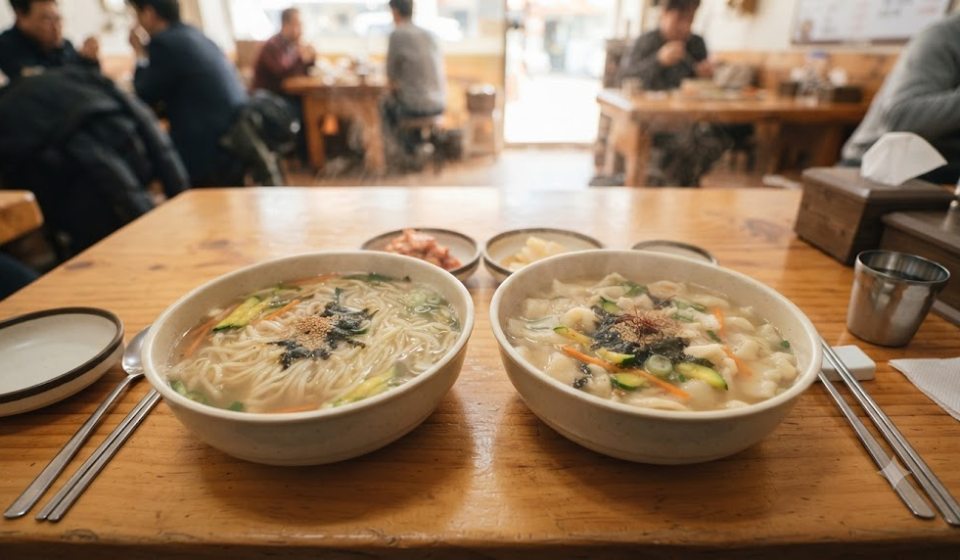 Kalguksu and sujebi served in similar broths, one with long noodles and the other with flat pieces of dough