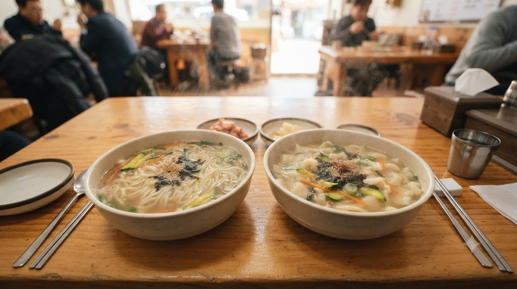 Kalguksu and sujebi served in similar broths, one with long noodles and the other with flat pieces of dough