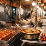 tteokkkochi name meaning spicy rice cake skewers beside tteokbokki at a snack shop