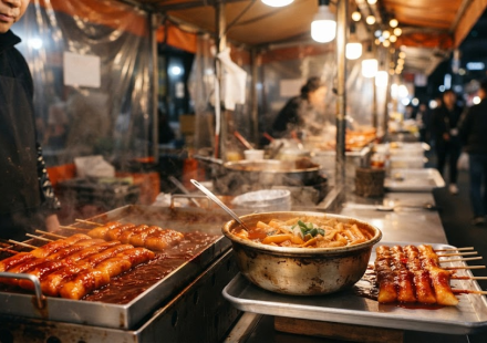 tteokkkochi name meaning spicy rice cake skewers beside tteokbokki at a snack shop
