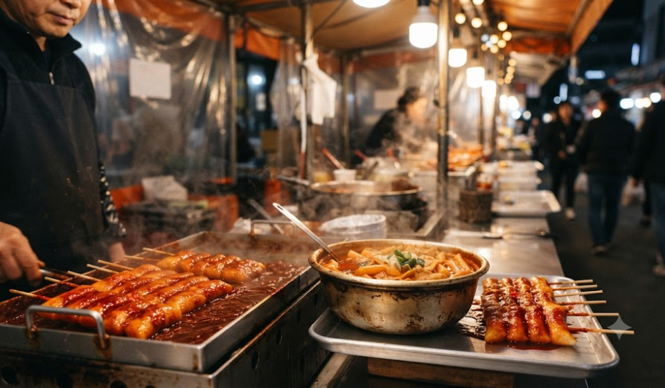tteokkkochi name meaning spicy rice cake skewers beside tteokbokki at a snack shop