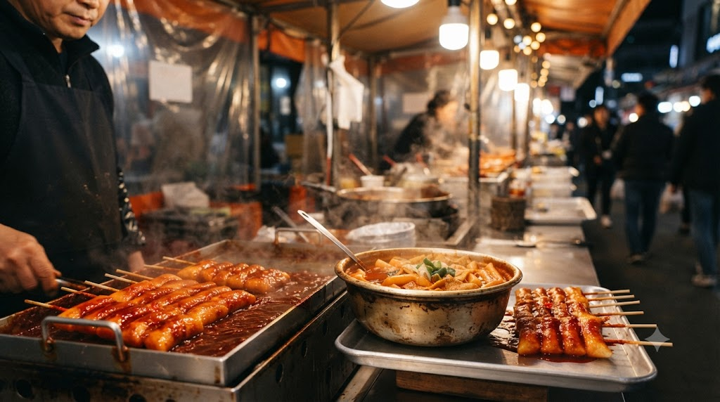 tteokkkochi name meaning spicy rice cake skewers beside tteokbokki at a snack shop