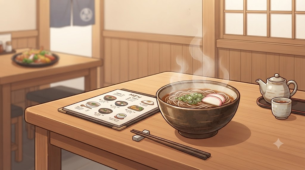 Kake soba name meaning Japanese restaurant menu and warm kake soba bowl