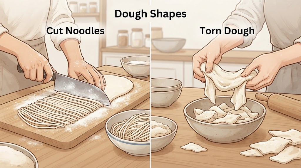 Kalguksu and sujebi dough compared, with one cut into long strips and the other torn into flat pieces by hand