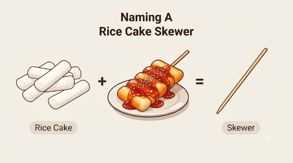 tteokkkochi name meaning illustration showing how rice cake and skewer form the name tteokkkochi