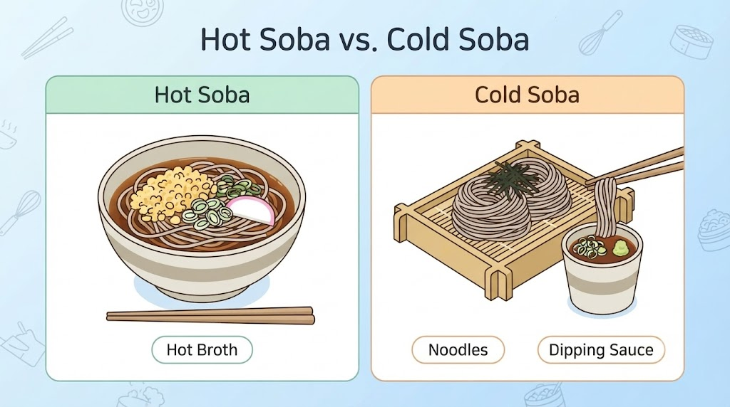 Kake soba name meaning comparison infographic of kake soba and zaru soba serving styles