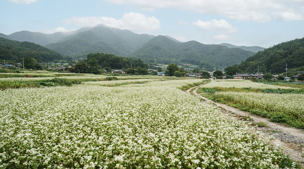 Bongpyeong buckwheat noodles meaning, a rural field filled with buckwheat flowers