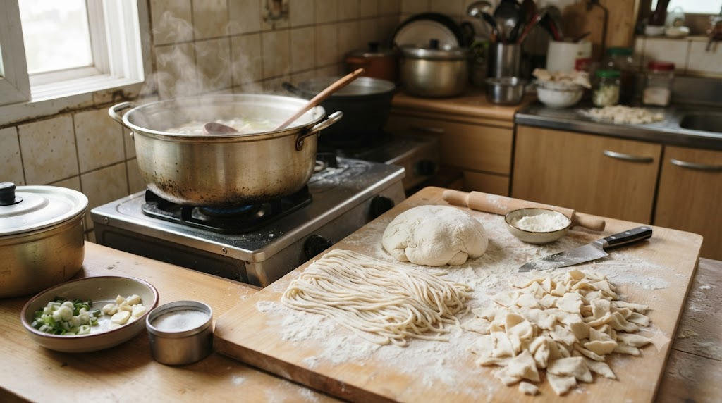 Kalguksu and sujebi dough prepared beside a soup pot, with long cut noodles and flat torn pieces