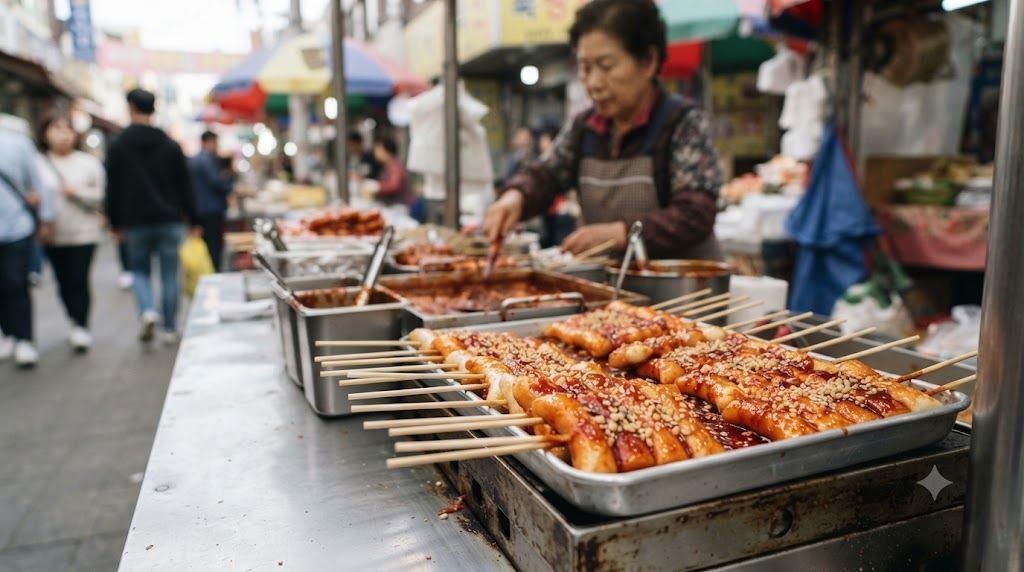 tteokkkochi name meaning several rice cake skewers displayed at a street snack stand