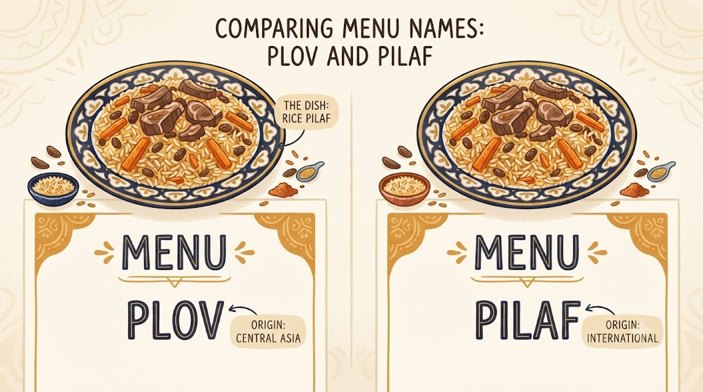 plov name meaning illustration comparing plov and pilaf on a menu