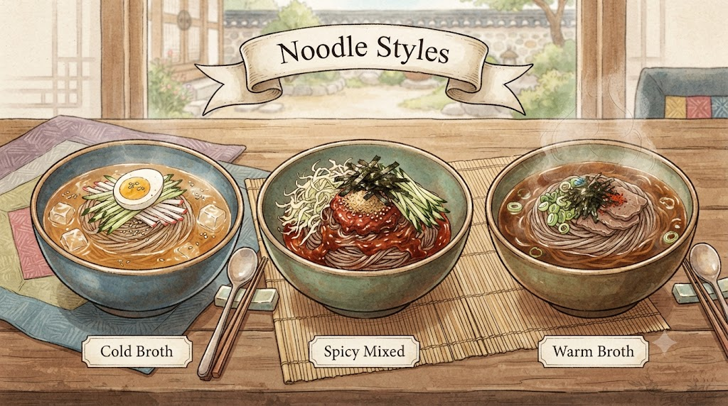 Bongpyeong buckwheat noodles meaning, comparison of several buckwheat noodle bowls with different broths and seasonings