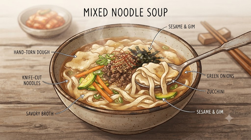 Kaljebi concept with long kalguksu noodles and flat sujebi dough pieces together in one bowl