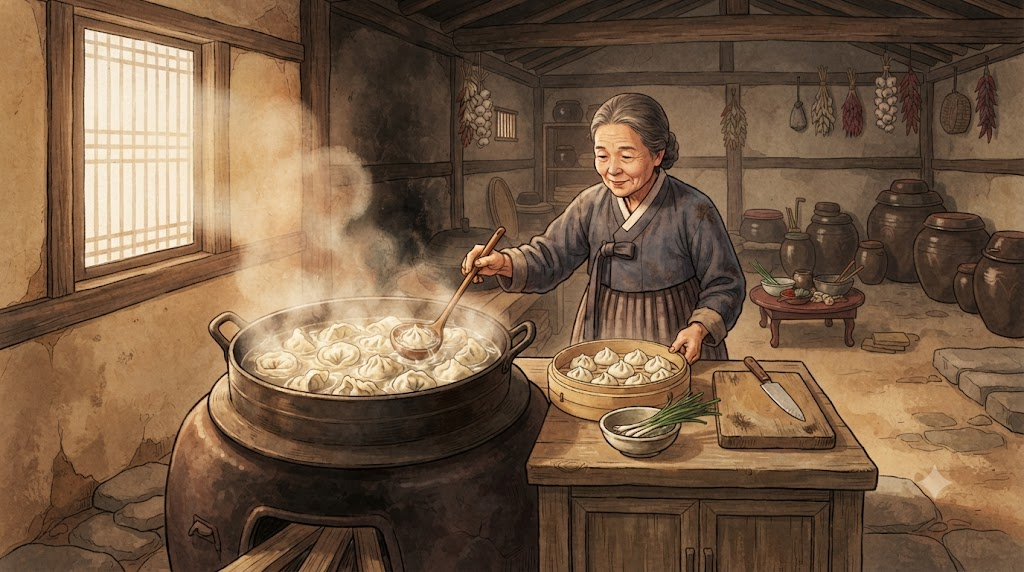 mulmandu name meaning illustration of dumplings being boiled in an older cooking setting