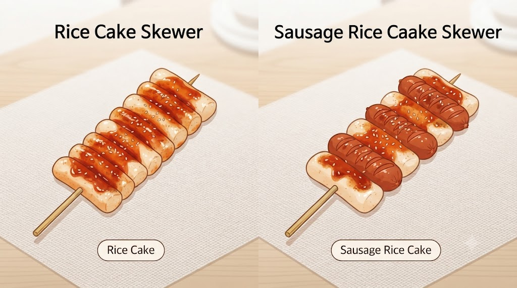 tteokkkochi name meaning illustration comparing a rice cake-only skewer with alternating sausage and rice cake