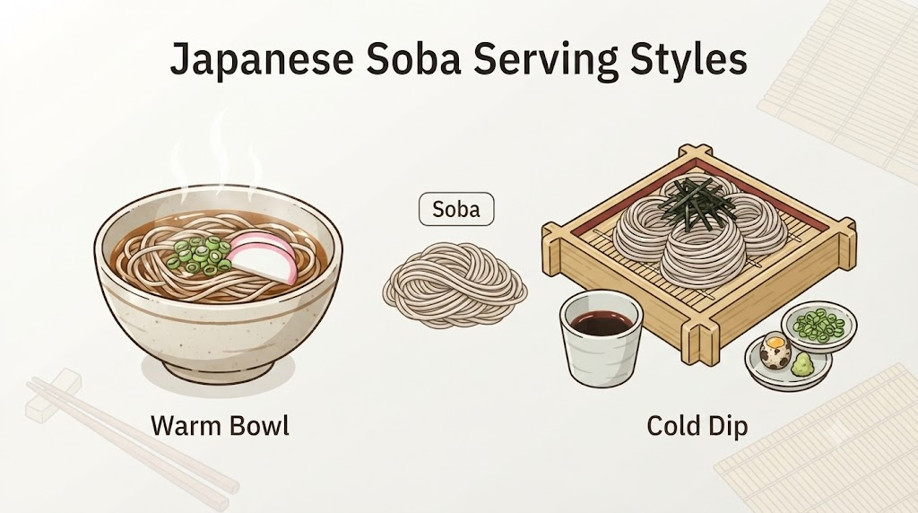 Kake soba name meaning illustration showing kake soba and zaru soba styles