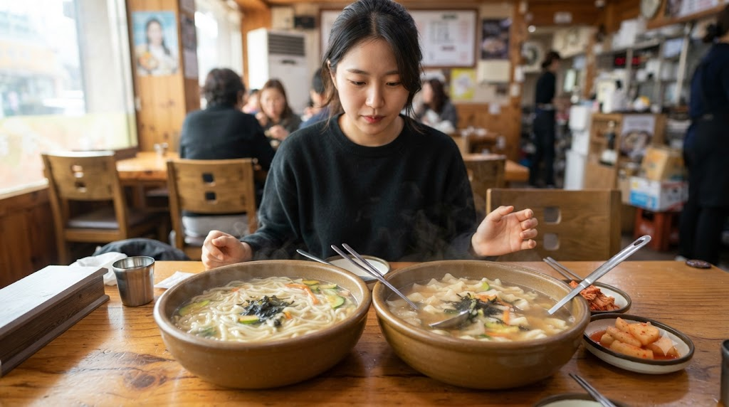 Choosing between kalguksu with long noodles and sujebi with flat dough pieces at a restaurant