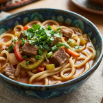 Lagman name meaning: a bowl of brothy lagman with thick noodles, meat, and vegetables