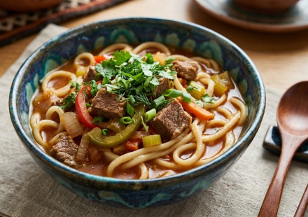 Lagman name meaning: a bowl of brothy lagman with thick noodles, meat, and vegetables