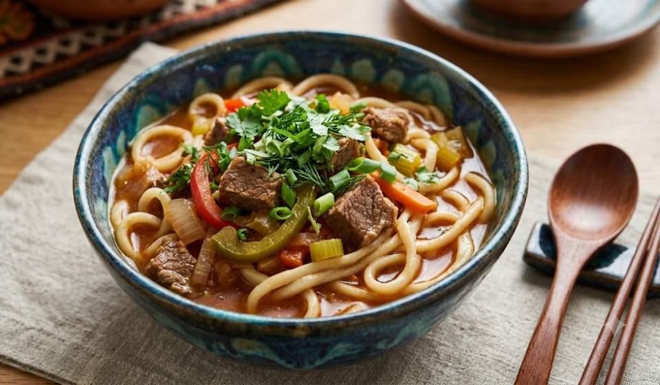 Lagman name meaning: a bowl of brothy lagman with thick noodles, meat, and vegetables