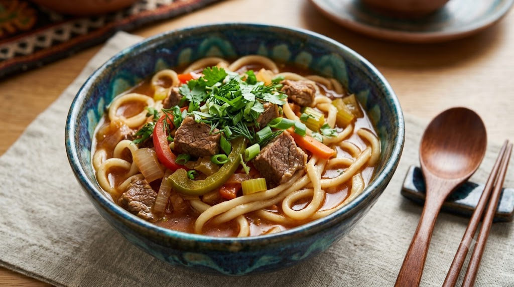 Lagman name meaning: a bowl of brothy lagman with thick noodles, meat, and vegetables