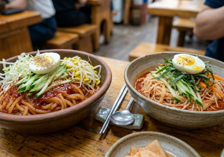 Jjolmyeon and bibim guksu served side by side on a snack-bar table