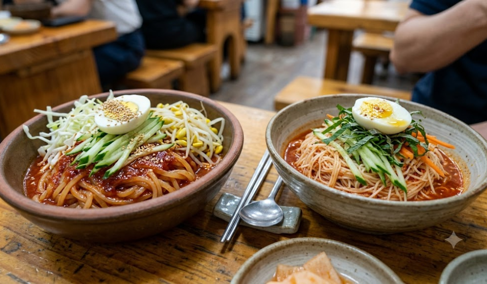 Jjolmyeon and bibim guksu served side by side on a snack-bar table