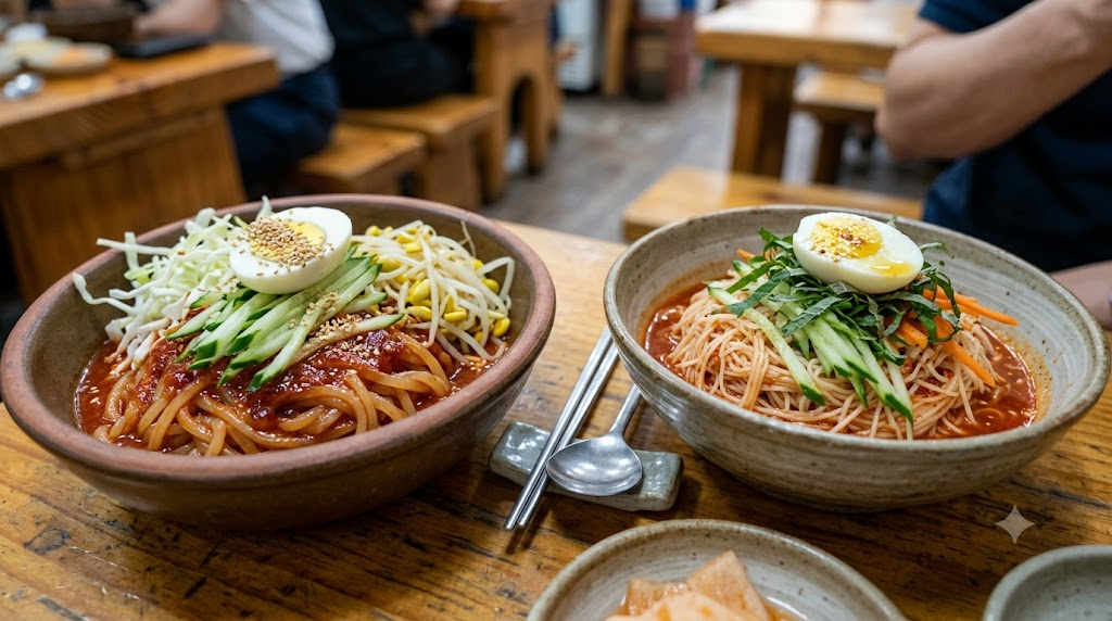 Jjolmyeon and bibim guksu served side by side on a snack-bar table