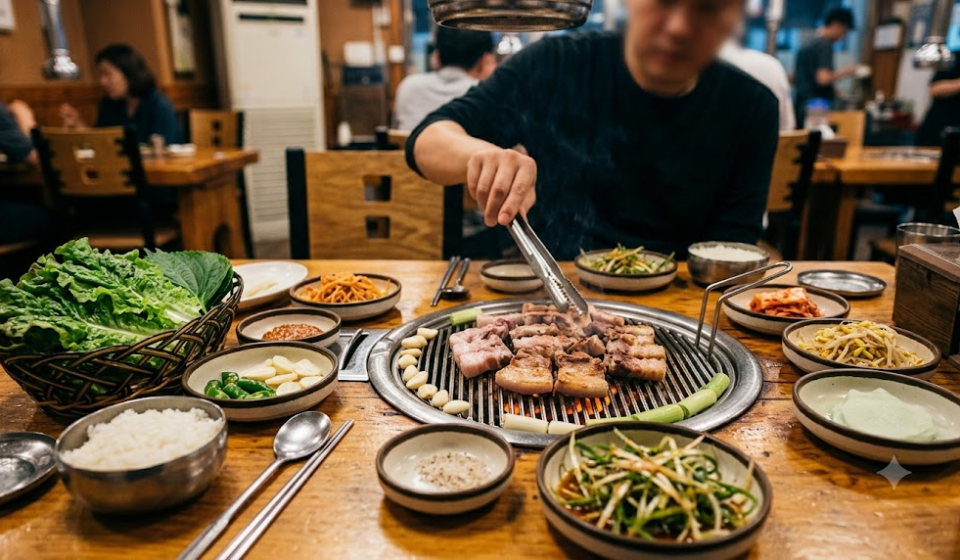 samgyeopsal name meaning Korean barbecue table with pork belly cooking on the grill
