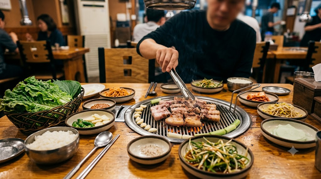 samgyeopsal name meaning Korean barbecue table with pork belly cooking on the grill