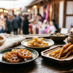 Jeonggwa name meaning with lotus root, ginger, and ginseng jeonggwa displayed together at a traditional holiday food counter