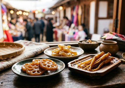Jeonggwa name meaning with lotus root, ginger, and ginseng jeonggwa displayed together at a traditional holiday food counter
