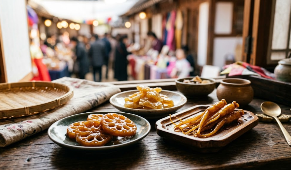 Jeonggwa name meaning with lotus root, ginger, and ginseng jeonggwa displayed together at a traditional holiday food counter