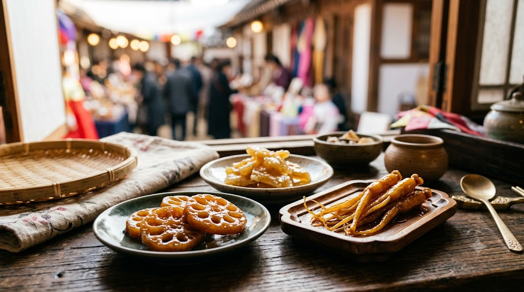 Jeonggwa name meaning with lotus root, ginger, and ginseng jeonggwa displayed together at a traditional holiday food counter