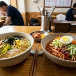 Janchi guksu and bibim guksu served side by side on a Korean snack bar table