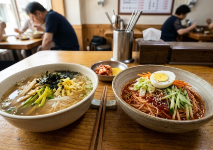 Janchi guksu and bibim guksu served side by side on a Korean snack bar table