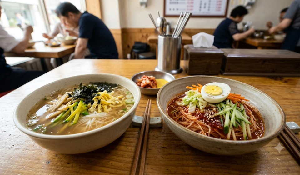 Janchi guksu and bibim guksu served side by side on a Korean snack bar table