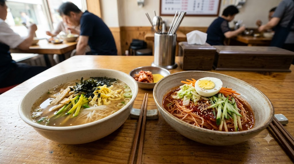 Janchi guksu and bibim guksu served side by side on a Korean snack bar table