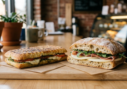 Panini name meaning with panini and ciabatta sandwiches displayed side by side in a cafe