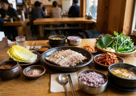 Bossam name meaning shown through a platter of boiled pork, napa cabbage, kimchi, and wrap ingredients