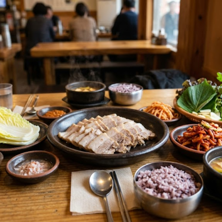 Bossam name meaning shown through a platter of boiled pork, napa cabbage, kimchi, and wrap ingredients
