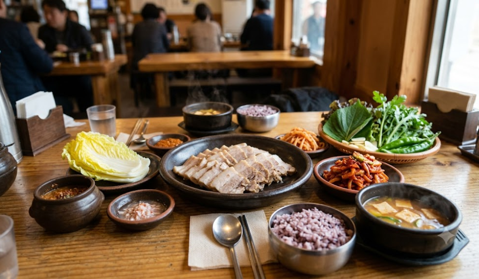 Bossam name meaning shown through a platter of boiled pork, napa cabbage, kimchi, and wrap ingredients