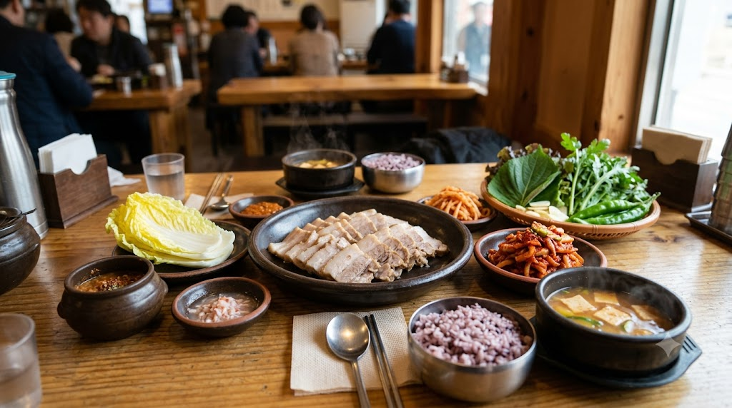 Bossam name meaning shown through a platter of boiled pork, napa cabbage, kimchi, and wrap ingredients